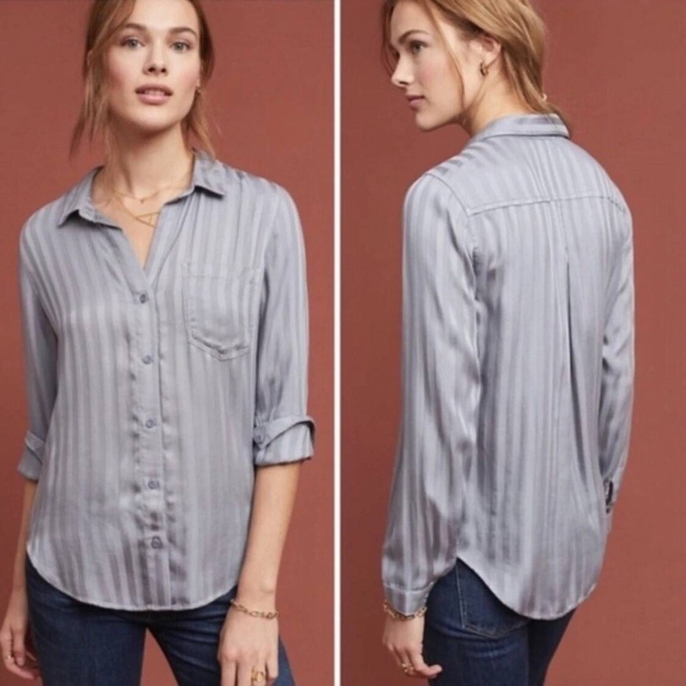 Anthropologie Cloth & Stone 100% Tencel Striped Button Down Shirt XS Gray